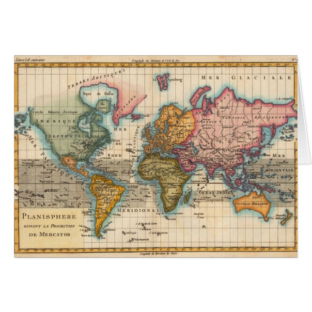 Carte du monde 1700s Antique Continents (Devant horizontal)