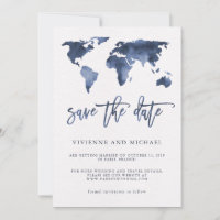 Carte du monde à l'aquarelle bleue | Faire-part de