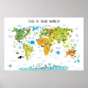 Carte du monde animal pour enfants Poster Playroom