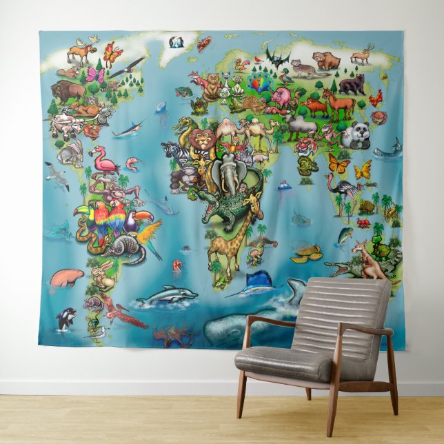 Carte du monde Animaux Tapisserie (En situation (horizontale))