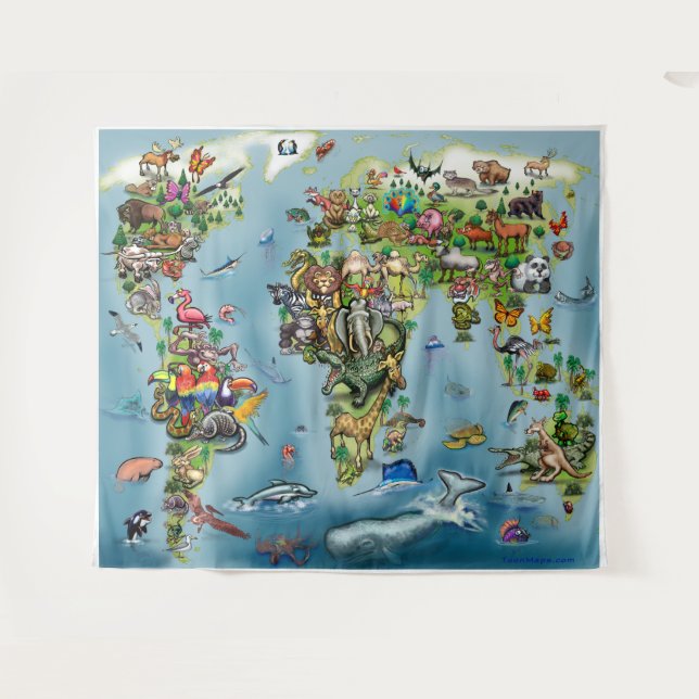 Carte du monde Animaux Tapisserie (Devant (Horizontal))