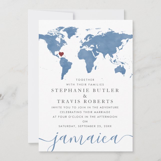 Carte du monde aquarelle bleue mariage de destinat (Devant)