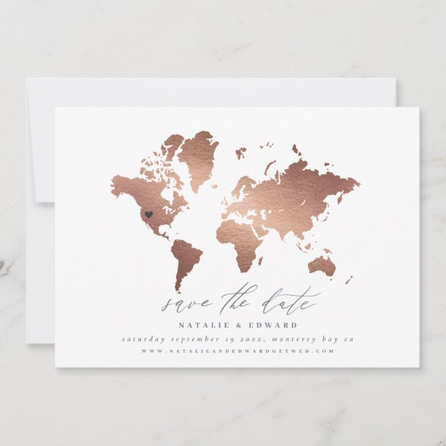 Carte du monde aquarelle cuivre mariage (Devant)
