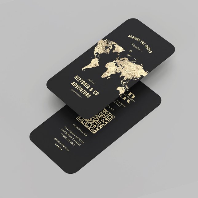 Carte du monde Black Gold moderne Planificateur de (Modern Black Gold World Map Travel Planner Monogram Professional QR Code Business Card
)