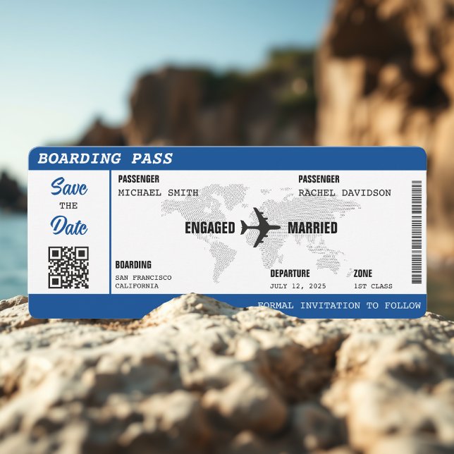 Carte du monde bleu Carte de destination Mariage (Boarding Pass Blue World Map Destination Wedding Save The Date
)