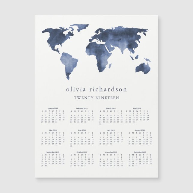 Carte du monde Blue Watercolor | Calendrier 2019 (Devant)