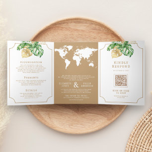Carte du monde bronzée aux feuilles tropicales Tou