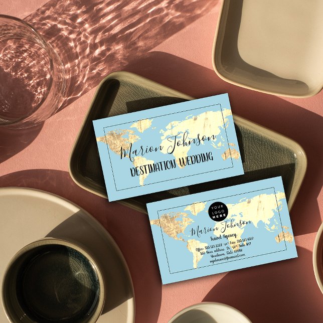 Carte du monde Carte Globe Agence de Voyage Gold B (World Map Globe Map Travel Agency Gold Blue Business Card)