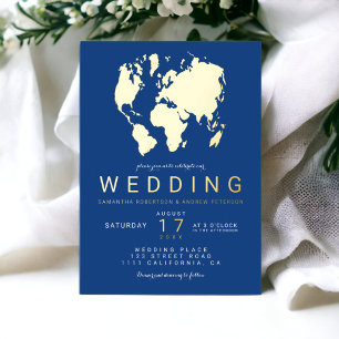 Carte du monde chic or bleu moderne photo mariage