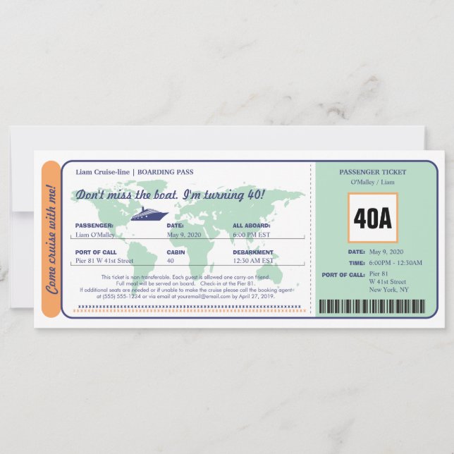 Carte du monde Croisière Carte du billet d'embarqu (Devant)
