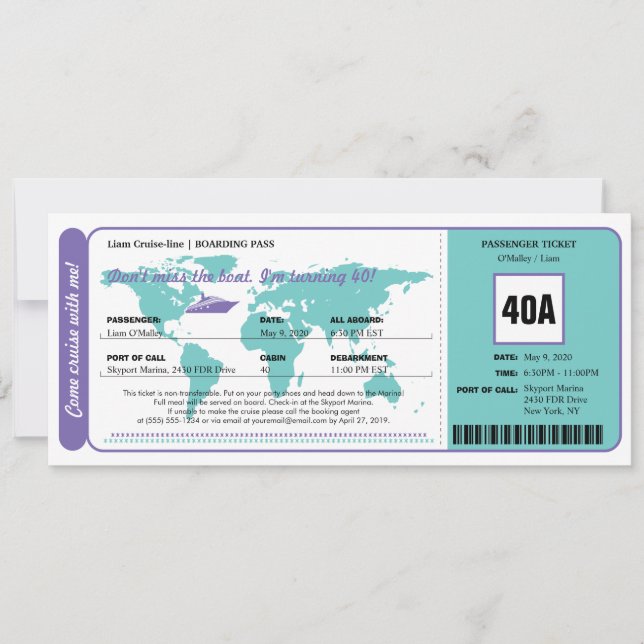 Carte du monde Croisière Carte du billet d'embarqu (Devant)
