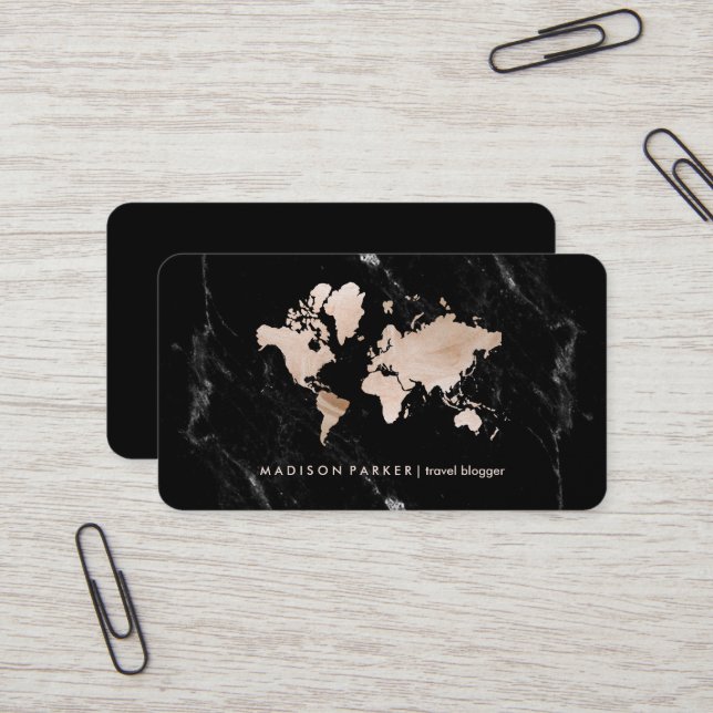 Carte du monde de Faux Light Gold en marbre noir (Devant/Arrière en situation)