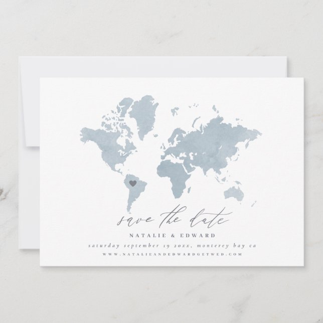 Carte du monde de l'aquarelle bleue mariage (Devant)