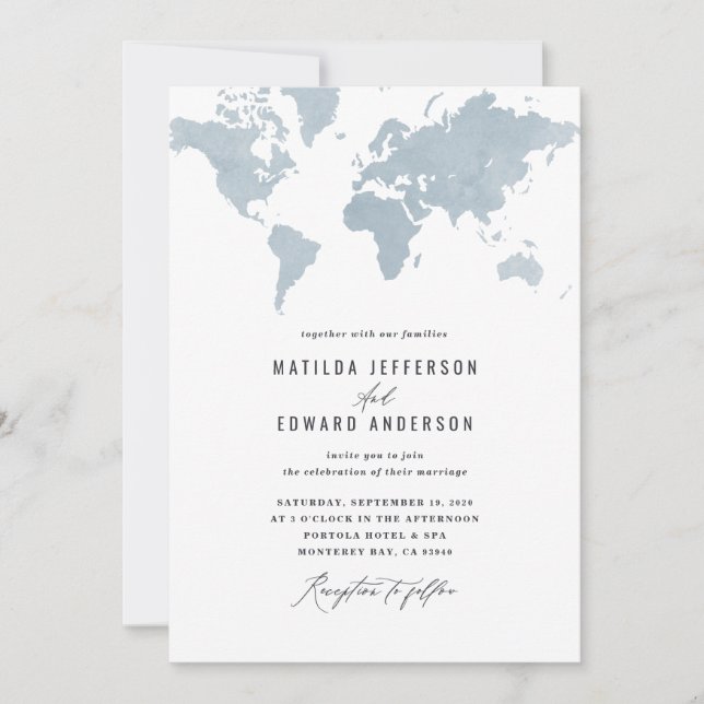 Carte du monde de l'aquarelle bleue Voyage mariage (Devant)