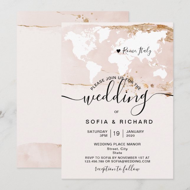 Carte du monde de mariage de destination simple Aq (Devant / Derrière)