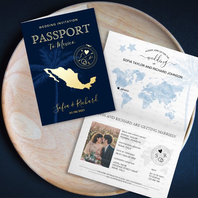 Carte du monde de passeport Mexique Palm Beach Mar (gold foil mexico map passport wedding invitation)