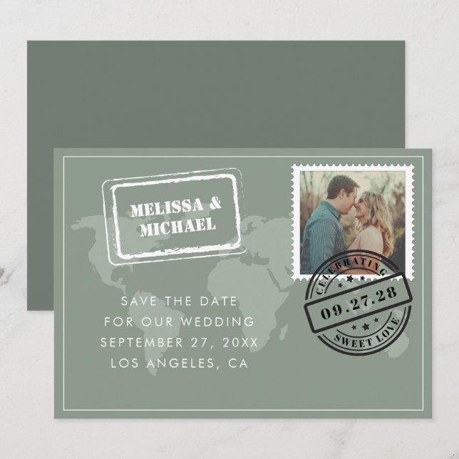 Carte du monde de Sage Green Photo de mariage de d (Devant / Derrière)