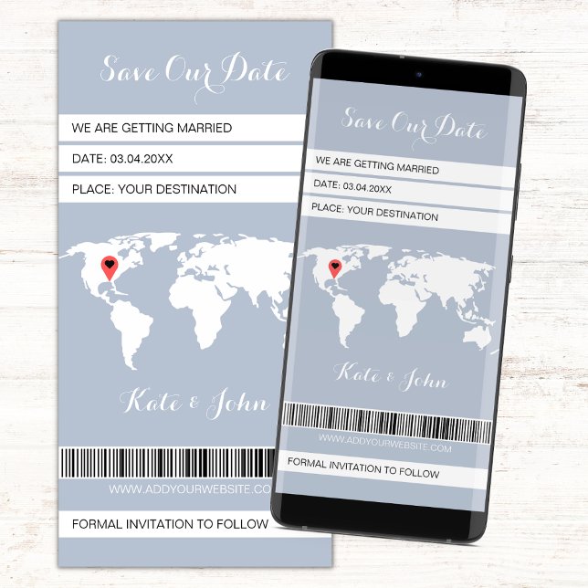 Carte du monde Dusty Blue Boarn Pass Destination (Dusty Blue Save The Date Electronic Boarding Pass Invitation Save Our Date Evite)