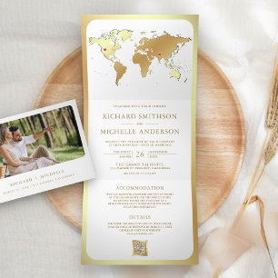 Carte du Monde en Or Blanc Code QR Photo Mariage