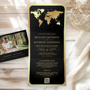 Carte du monde en or noir Code QR Photo Mariage