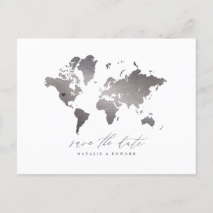 Carte du monde métallique en argent faire-part