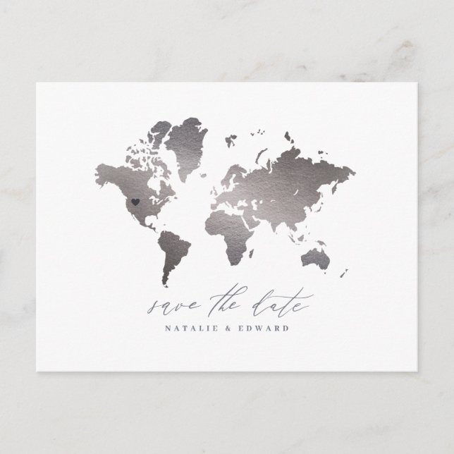 Carte du monde métallique en argent faire-part (Devant)