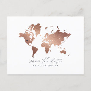 Carte du monde métallique or rose faire-part maria