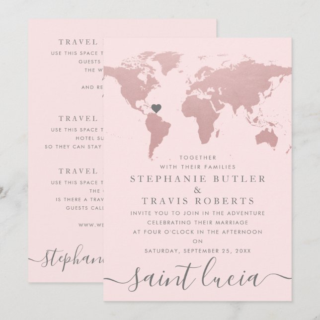 Carte du monde rose doré pour mariage thème voyage (Devant / Derrière)