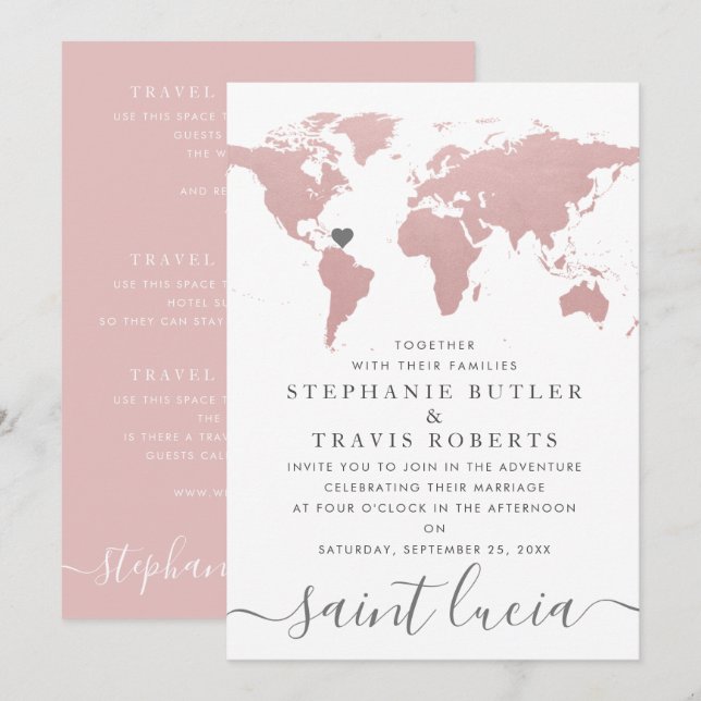 Carte du monde rose fuchsia thème voyage mariage (Devant / Derrière)