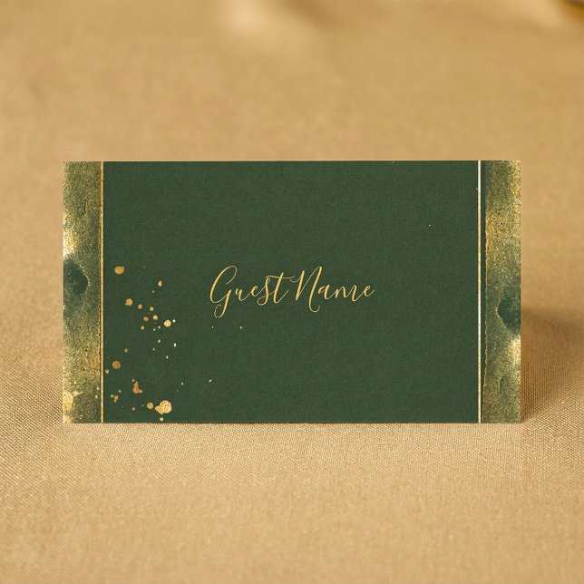 Carte du nom d'hôte Moss green et or (Moss green and gold guest name place card.)