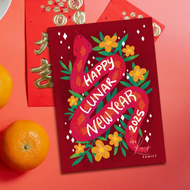 Carte du Nouvel An Lunaire de l'année rouge du ser (Lunar New Year of the snake illustrated card with family name text)
