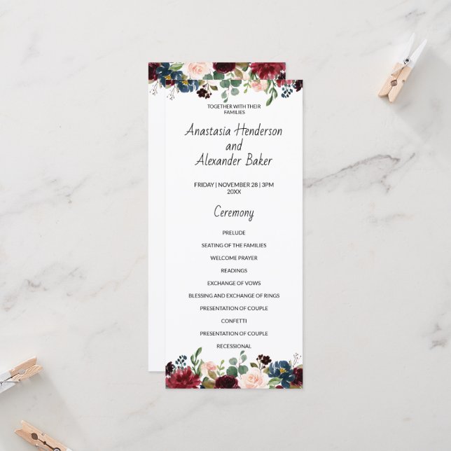 Carte du programme de mariage. (Devant/Arrière en situation)