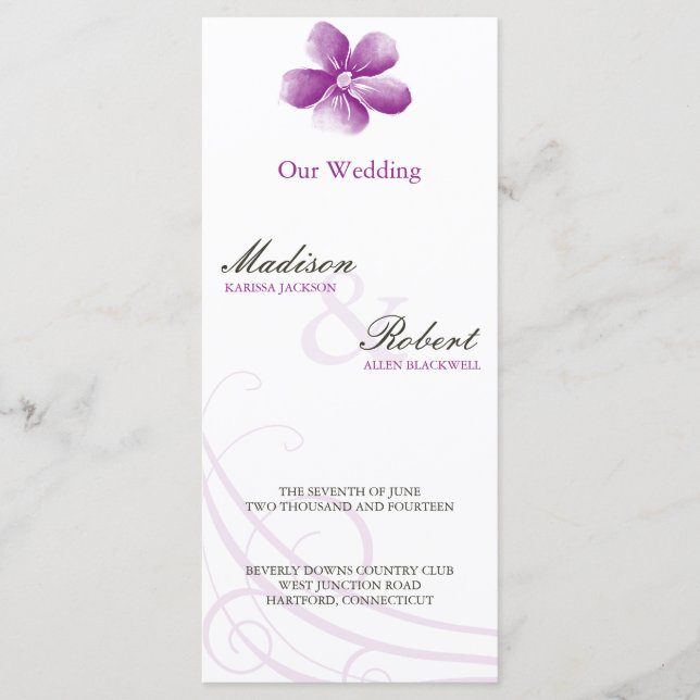 Carte du programme de mariage à l'aquarelle violet (Devant)