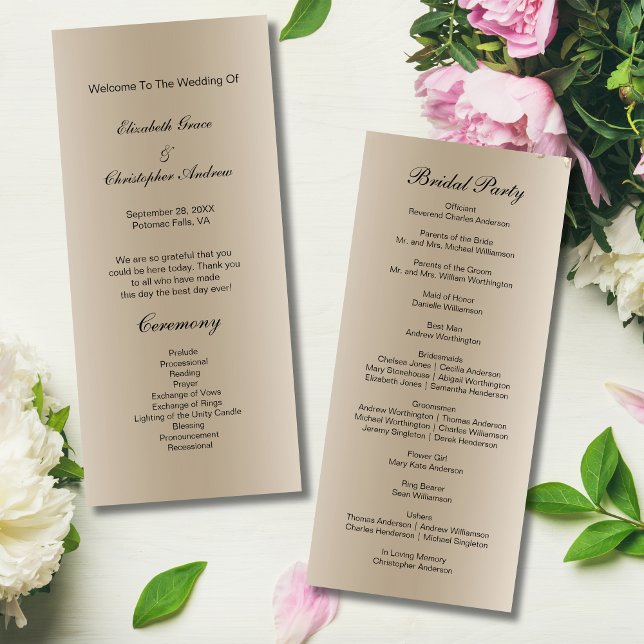 Carte du programme de mariage à script noir Champa (Champagne color Black Script Wedding Program)