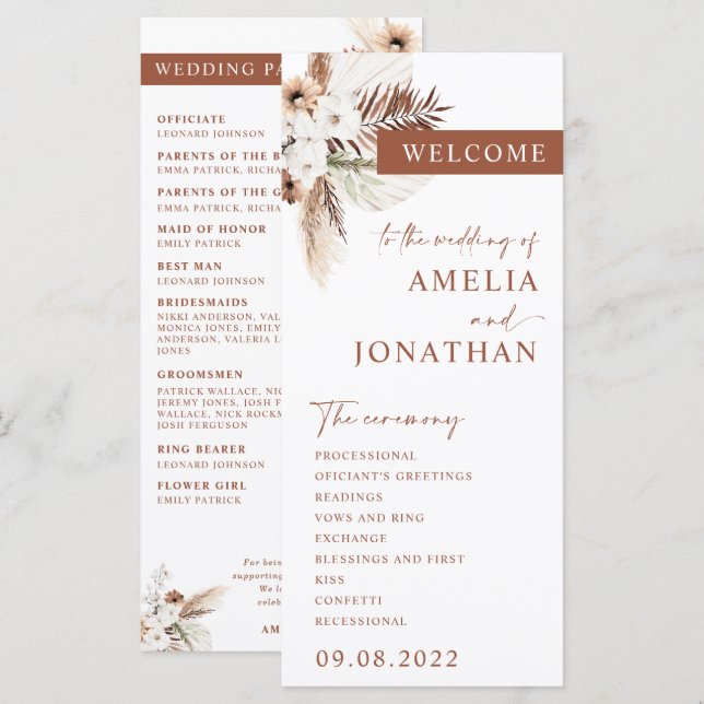 Carte du programme de mariage Boho Pampas Terracot (Devant / Derrière)