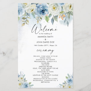 Carte du programme de mariage floral bleu et blanc