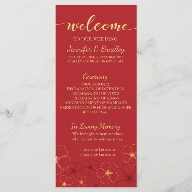 Carte du programme de mariage Red & Gold Cherry Bl (Devant)