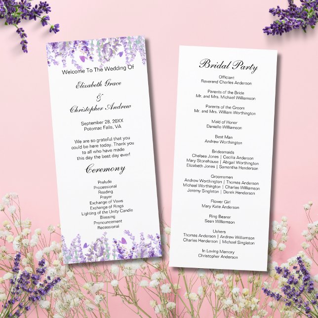 Carte du programme de mariage végétal de lavande (Lavender Botanical Floral Watercolor Wedding Program Card- Front and Back)