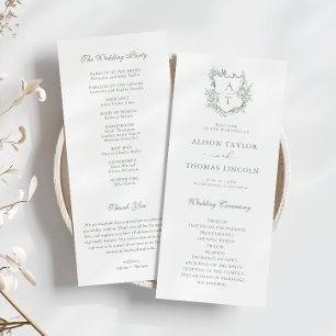 Carte du programme de mariage vert Monogram Crest 