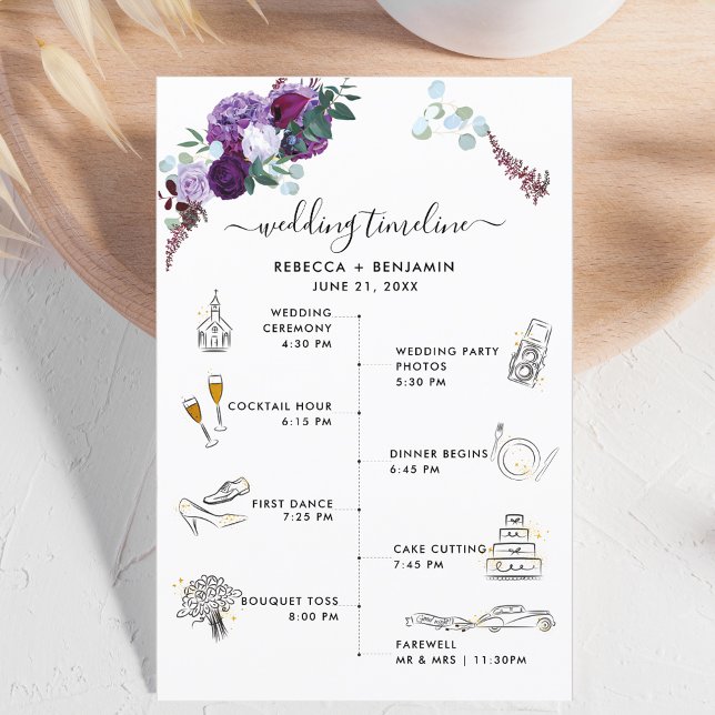 Carte du programme Icons Mariage Floral Violet (Purple Floral Wedding Program Itinerary)