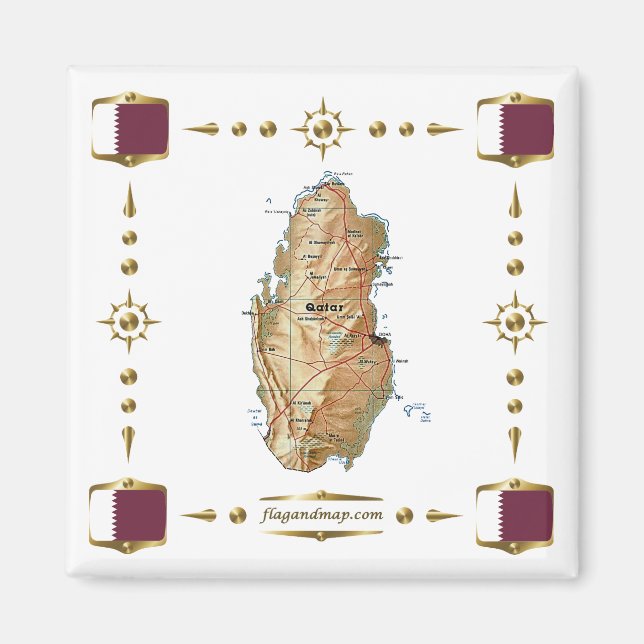 Carte du Qatar + Magnet des drapeaux (Devant)