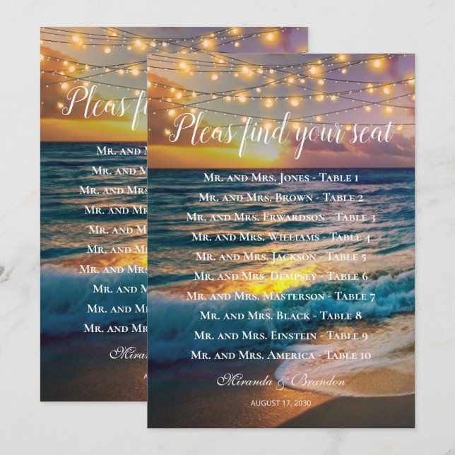 Carte du tableau de bord de la table de mariage Su (Devant / Derrière)