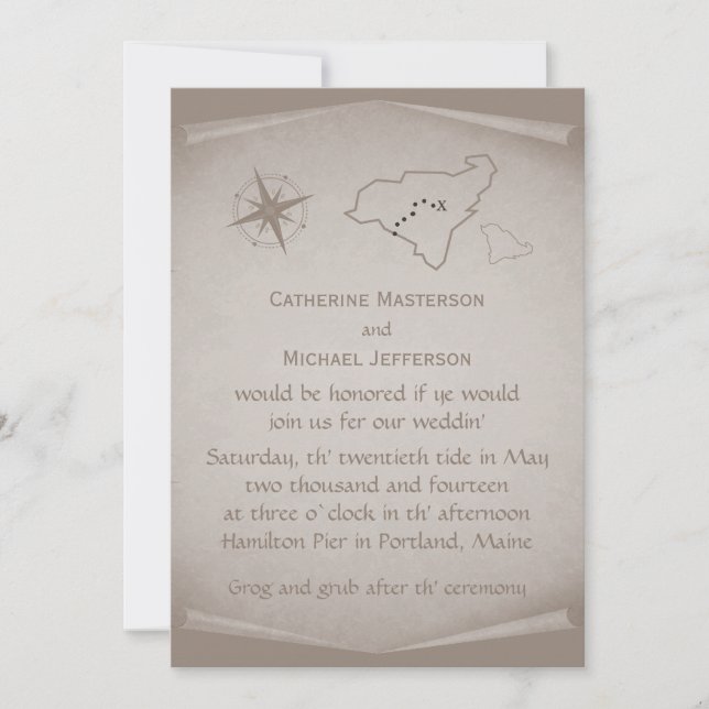 Carte du trésor Invitation de mariage, Beige (Devant)