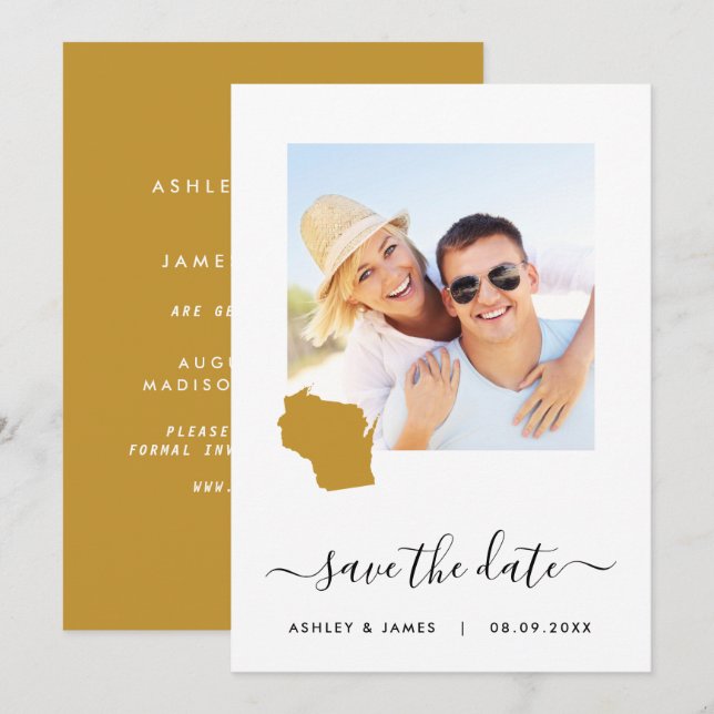 Carte du Wisconsin Mariage photo Enregistrer la ca (Devant / Derrière)