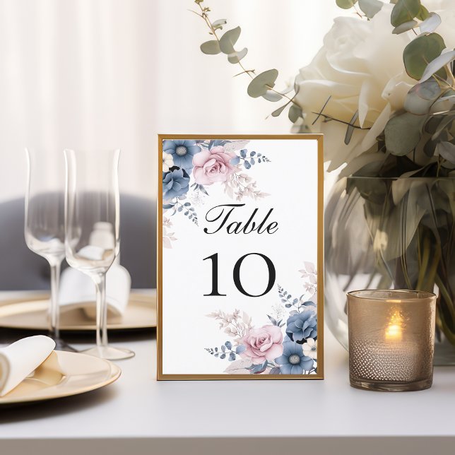 Carte Dusty Blue Blush rose Floral Mariage Numéros de ta (Dusty blue blush pink floral wedding table number cards)