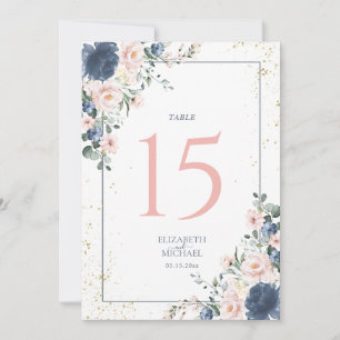 Carte Dusty Blue Blush Rose Gold Floral Numéro de tablea