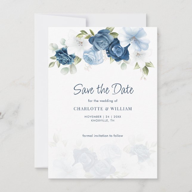 Carte Dusty Blue Floral Enregistrer La Date Annonce (Devant)