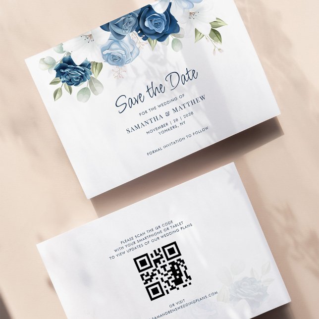 Carte Dusty Blue Floral Enregistrer la date Code QR (Créateur téléchargé)