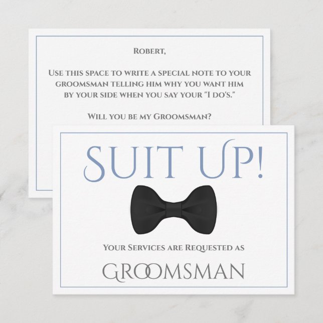 Carte Dusty Blue & Grey Be My Groomsman Fun Bow Cravate (Devant / Derrière)