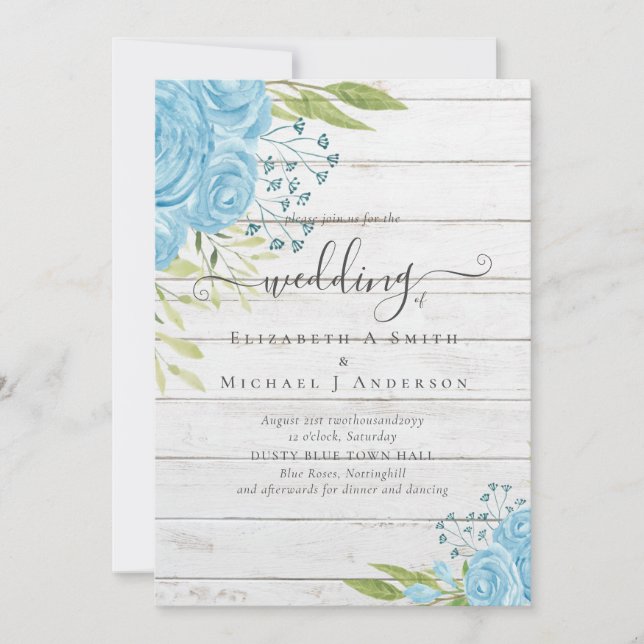 Carte Dusty Blue Roses Rustic Driftwood Wedding Invite (Devant)